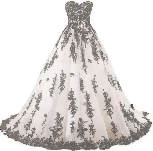 Kivary Vintage Gothic Black Lace Ball Gown Long Prom Dresses Wedding Gowns