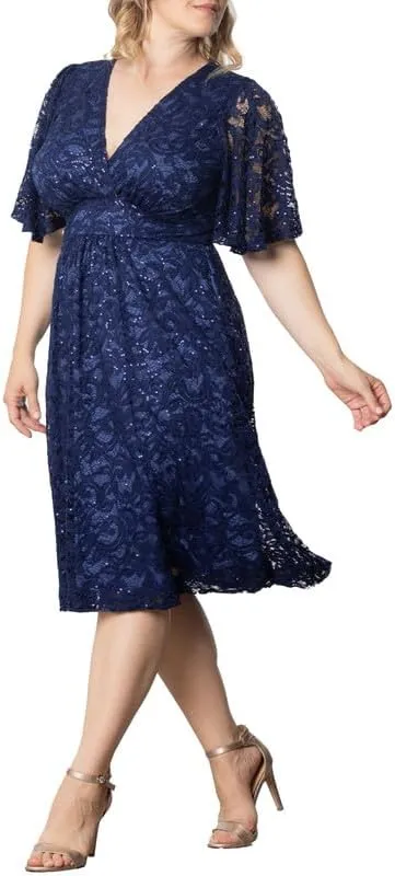 Kiyonna Plus Size Starry Sequin Lace Midi Cocktail Dress | Party, Holiday, & Wedding Guest Dress