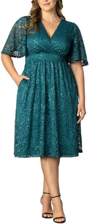 Kiyonna Plus Size Starry Sequin Lace Midi Cocktail Dress | Party, Holiday, & Wedding Guest Dress