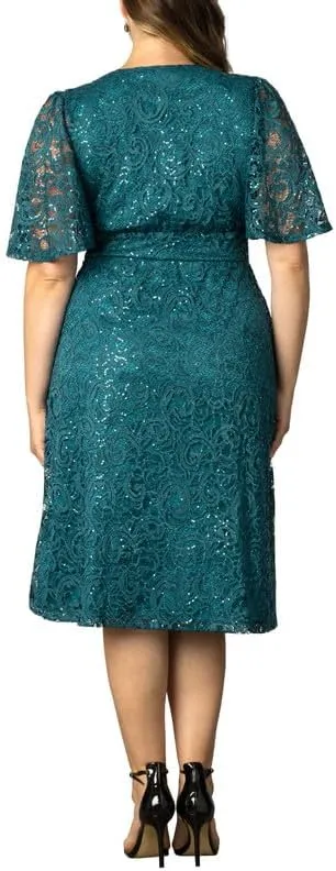 Kiyonna Plus Size Starry Sequin Lace Midi Cocktail Dress | Party, Holiday, & Wedding Guest Dress