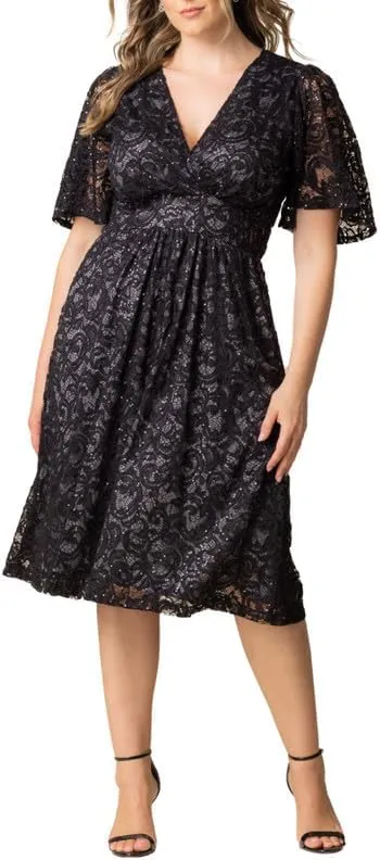 Kiyonna Plus Size Starry Sequin Lace Midi Cocktail Dress | Party, Holiday, & Wedding Guest Dress