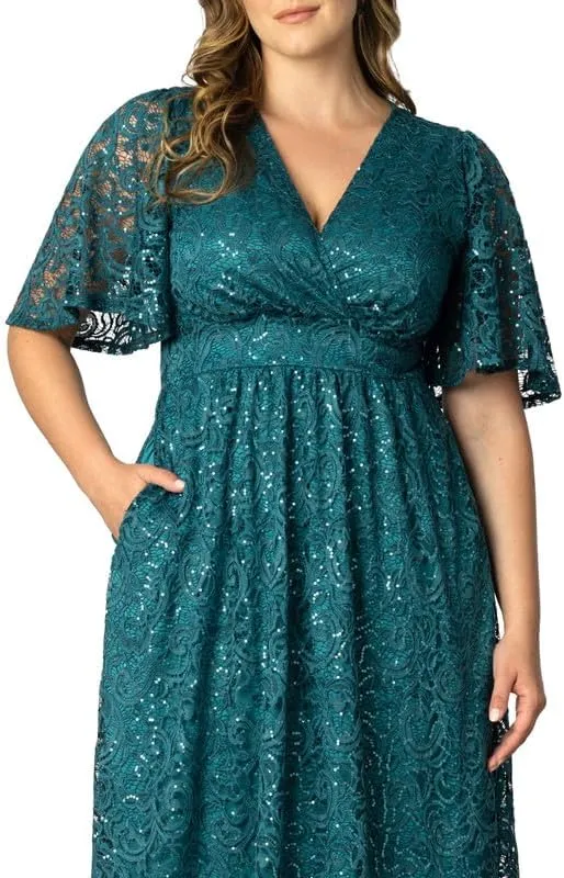 Kiyonna Plus Size Starry Sequin Lace Midi Cocktail Dress | Party, Holiday, & Wedding Guest Dress