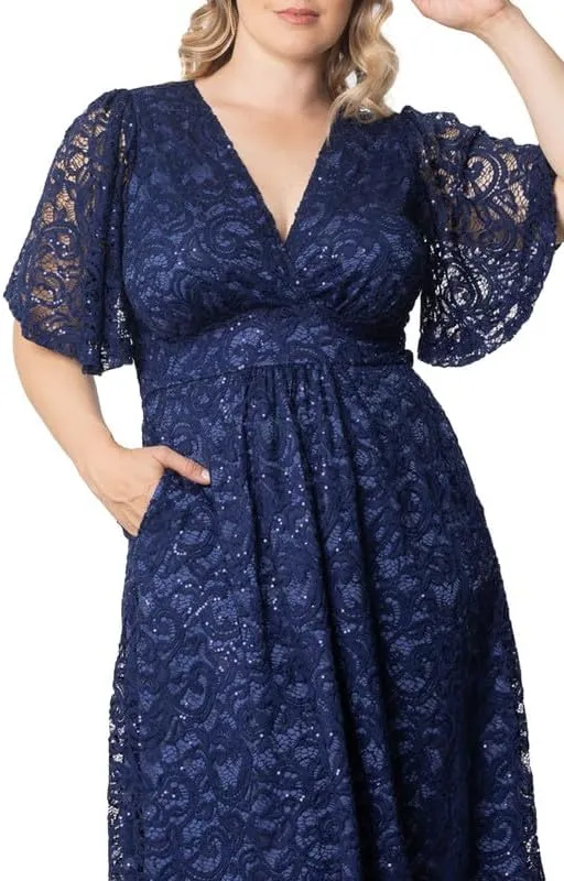Kiyonna Plus Size Starry Sequin Lace Midi Cocktail Dress | Party, Holiday, & Wedding Guest Dress