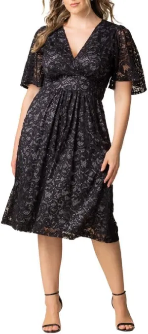 Kiyonna Plus Size Starry Sequin Lace Midi Cocktail Dress | Party, Holiday, & Wedding Guest Dress