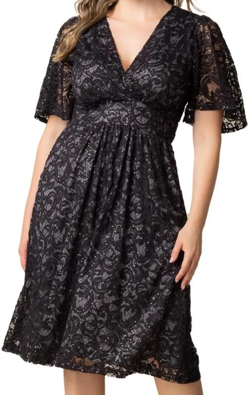 Kiyonna Plus Size Starry Sequin Lace Midi Cocktail Dress | Party, Holiday, & Wedding Guest Dress
