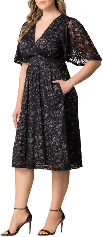 Kiyonna Plus Size Starry Sequin Lace Midi Cocktail Dress | Party, Holiday, & Wedding Guest Dress