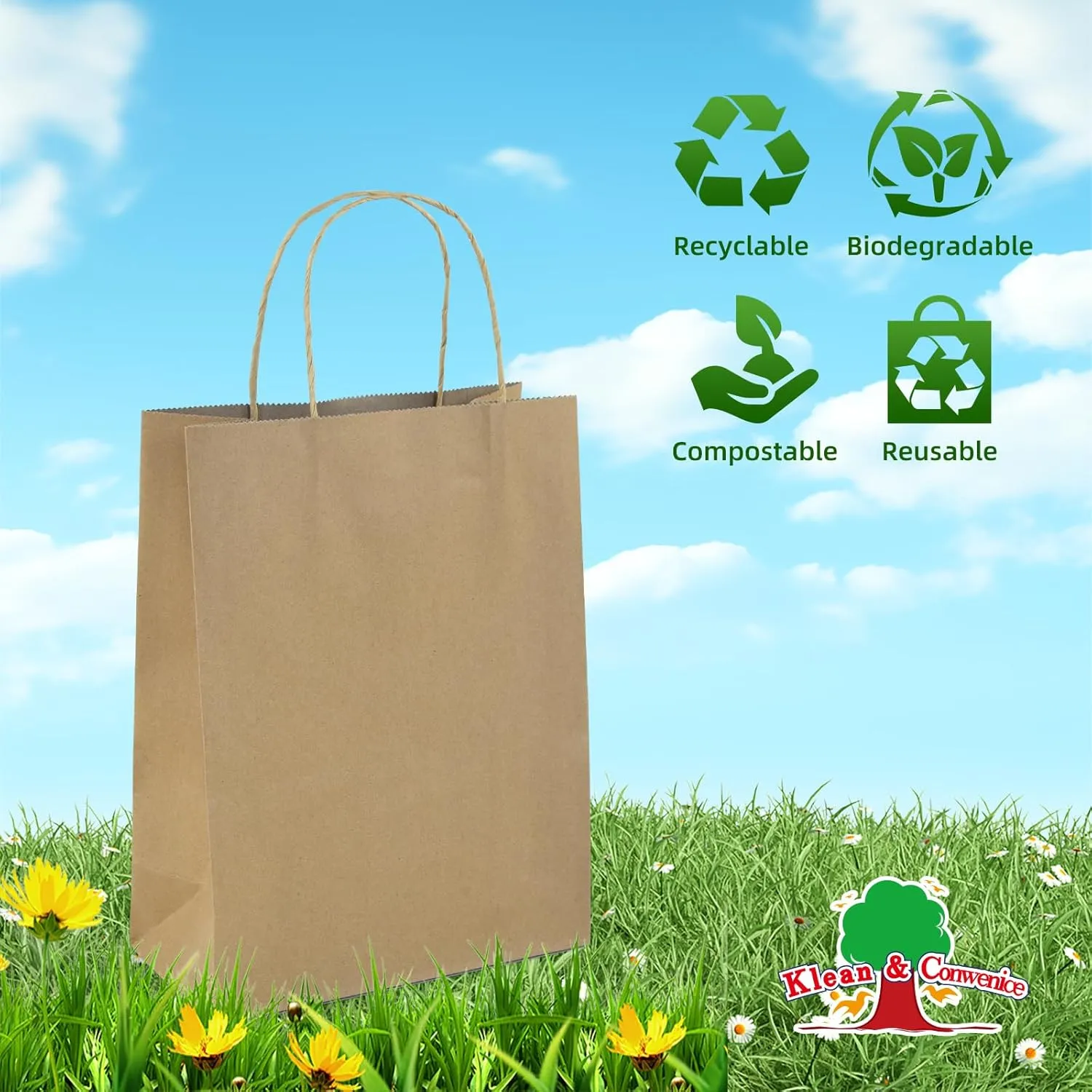 Klean & Conwenice Paper Gift Bags with Handles, 8x4.25x10.5 100Pcs Brown Bags Bulk, Medium Size Kraft Paper Bags, Wedding Gift Bag, Goody Party Favor, Retail Merchandise, Grocery Shopping