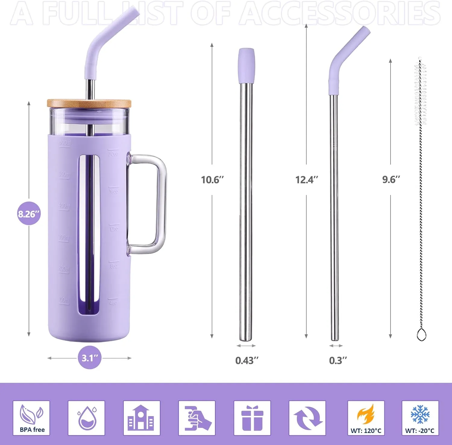 Kodrine Tumbler with Lid and Straw, 20 oz Glass Coffee Tumbler with Handle, Smoothie Cup with Bamboo Lid | Time Marker | Silicone Protective Sleeve, BPA Free - Purple
