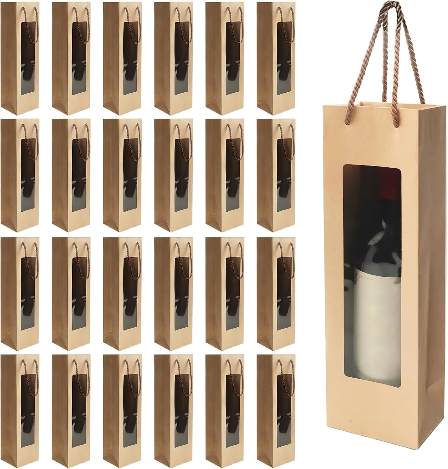KoMvzyl 24 Pcs Wine Gift Bag Clear Window Wine Bags for Wedding Gifts Bottle Bags with Handles Reusable Flower Bulk for Mom New Year Holiday Birthday