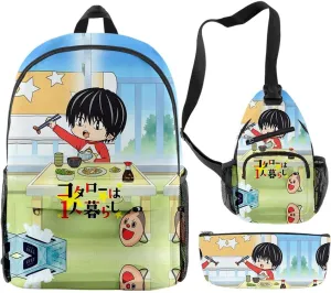 Kotaro Lives Alone Backpack Three-piece Sets Casual Unisex Oxford Cloth Travel Bag Stylish Shoulder Bag (WP07734X07,One size)