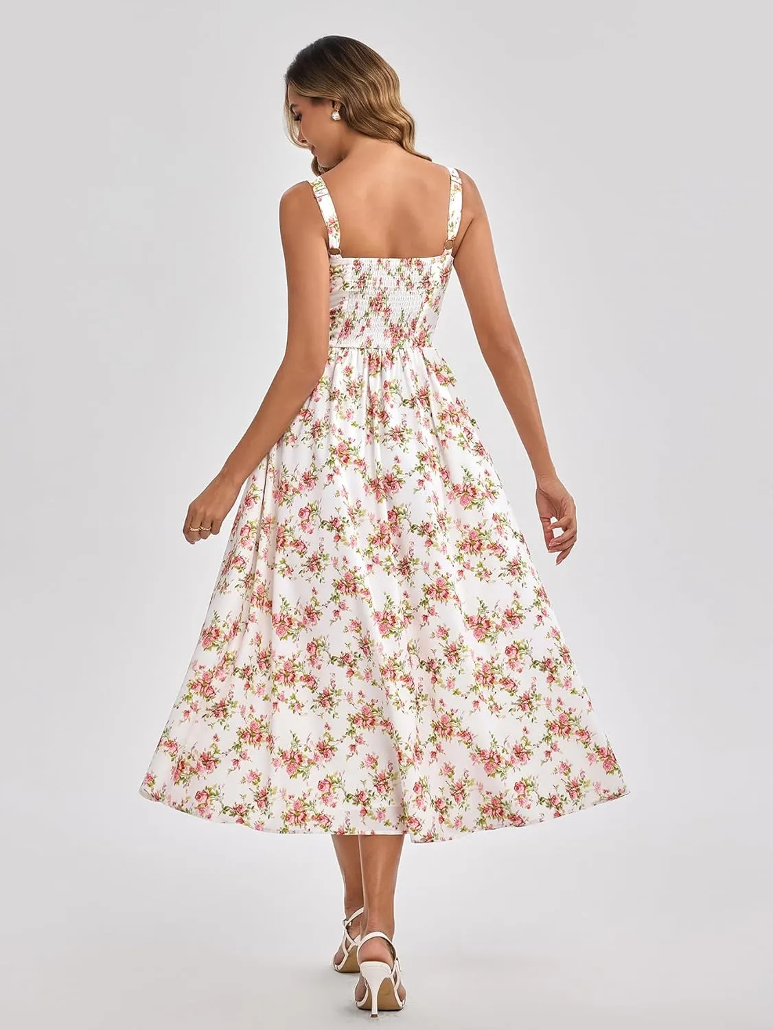 KUTUMAI Floral Corset Midi Dress Flowy Slit Summer Spring Wedding Guest Dresses for Women Sundress with Pockets