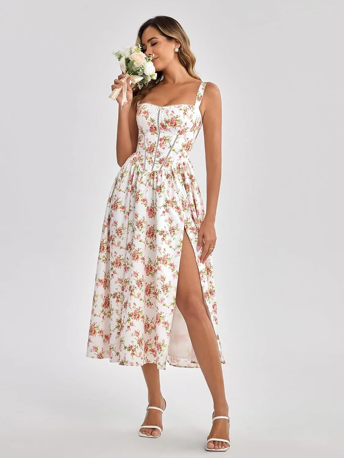 KUTUMAI Floral Corset Midi Dress Flowy Slit Summer Spring Wedding Guest Dresses for Women Sundress with Pockets