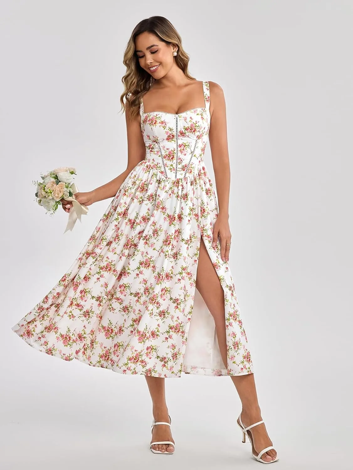 KUTUMAI Floral Corset Midi Dress Flowy Slit Summer Spring Wedding Guest Dresses for Women Sundress with Pockets