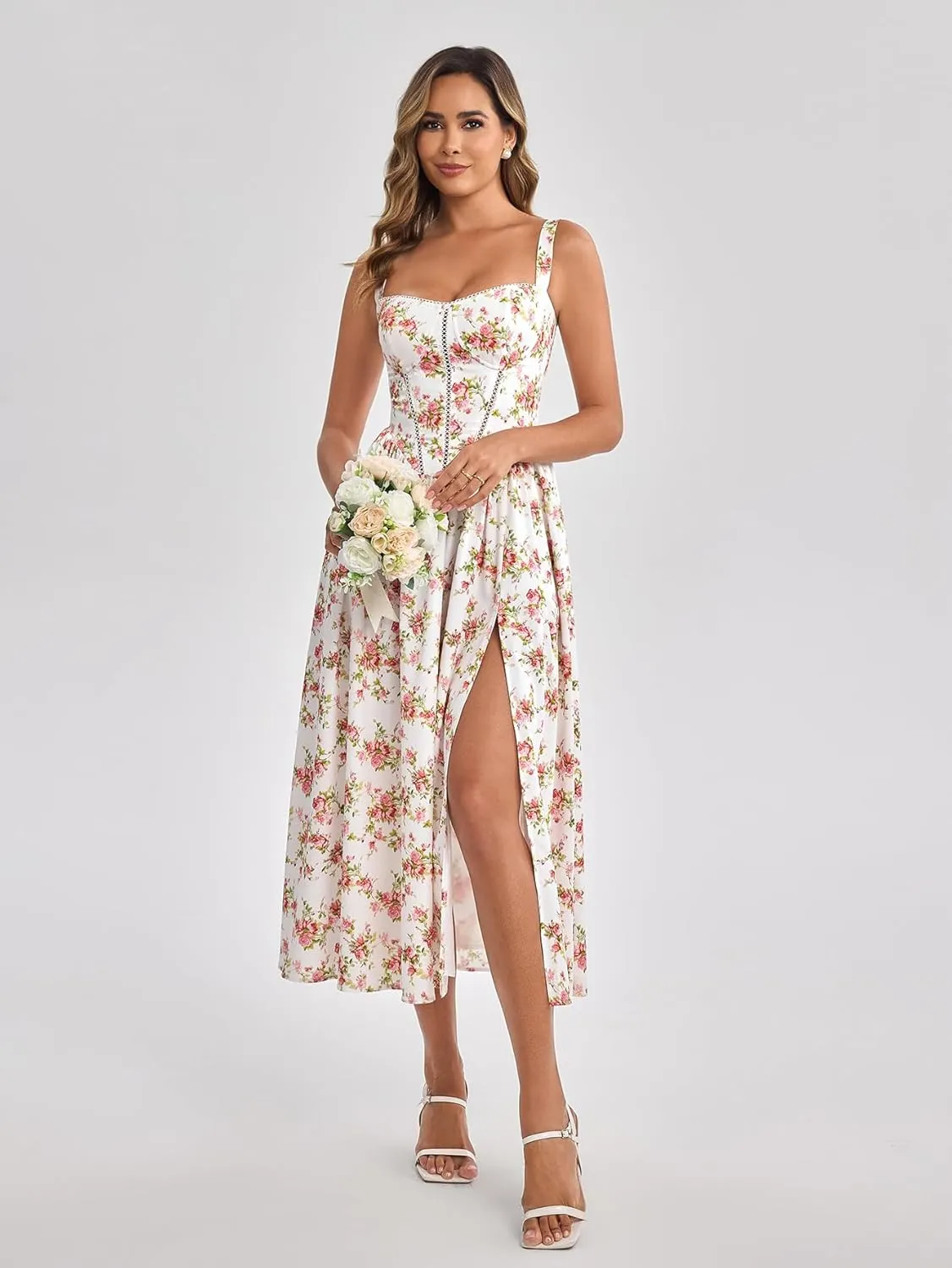 KUTUMAI Floral Corset Midi Dress Flowy Slit Summer Spring Wedding Guest Dresses for Women Sundress with Pockets