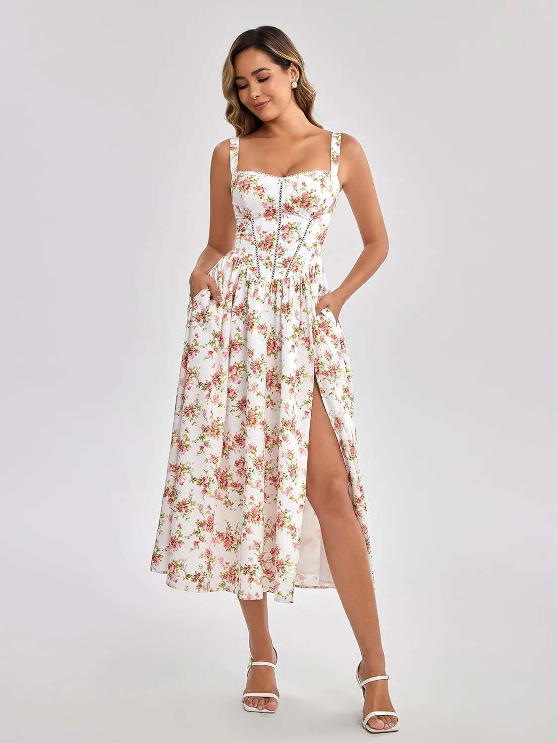 KUTUMAI Floral Corset Midi Dress Flowy Slit Summer Spring Wedding Guest Dresses for Women Sundress with Pockets