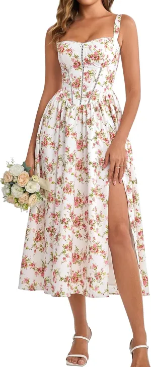 KUTUMAI Floral Corset Midi Dress Flowy Slit Summer Spring Wedding Guest Dresses for Women Sundress with Pockets