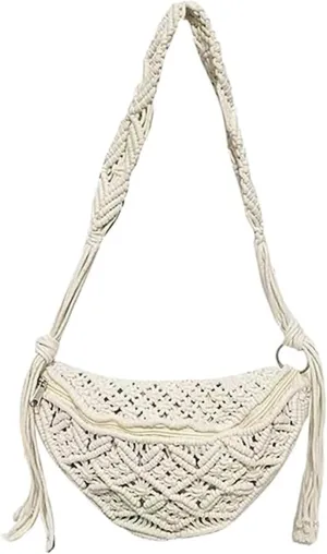 KYOFIS Handwoven Crossbody Handbag, Women's Bohemian Crochet Bag Handwoven Cotton Shoulder Bag for Beach Travel Outdoor (Color : White)