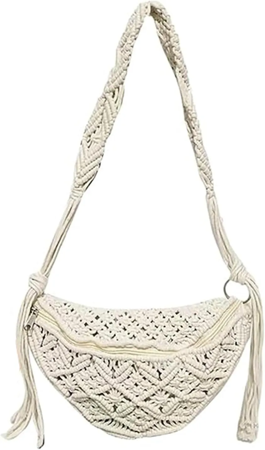 KYOFIS Handwoven Crossbody Handbag, Women's Bohemian Crochet Bag Handwoven Cotton Shoulder Bag for Beach Travel Outdoor (Color : White)
