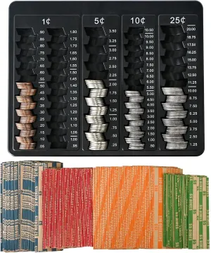 L LIKED 1PCS Black Coin Counter Tray -Change Counter Coin Counting and Sorting Tray with 150 Assort Coin Wrappers Included-5 Compartments Slots for Organization Pennies, Nickels, Dimes, and Quarters