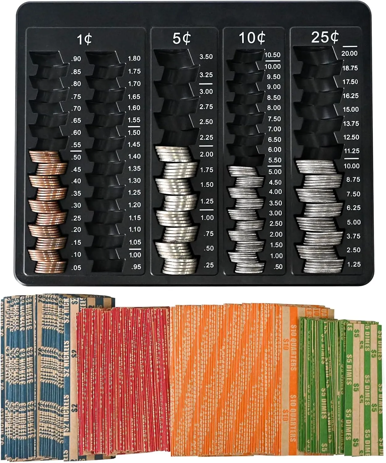 L LIKED 1PCS Black Coin Counter Tray -Change Counter Coin Counting and Sorting Tray with 150 Assort Coin Wrappers Included-5 Compartments Slots for Organization Pennies, Nickels, Dimes, and Quarters