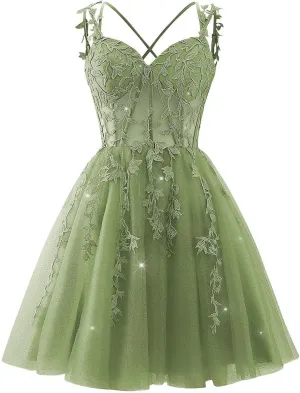 Lace Applique Corset Homecoming Dresses for Teens Short Sweetheart Sparkly Tulle Prom Dress A-Line Cocktail Party Gown