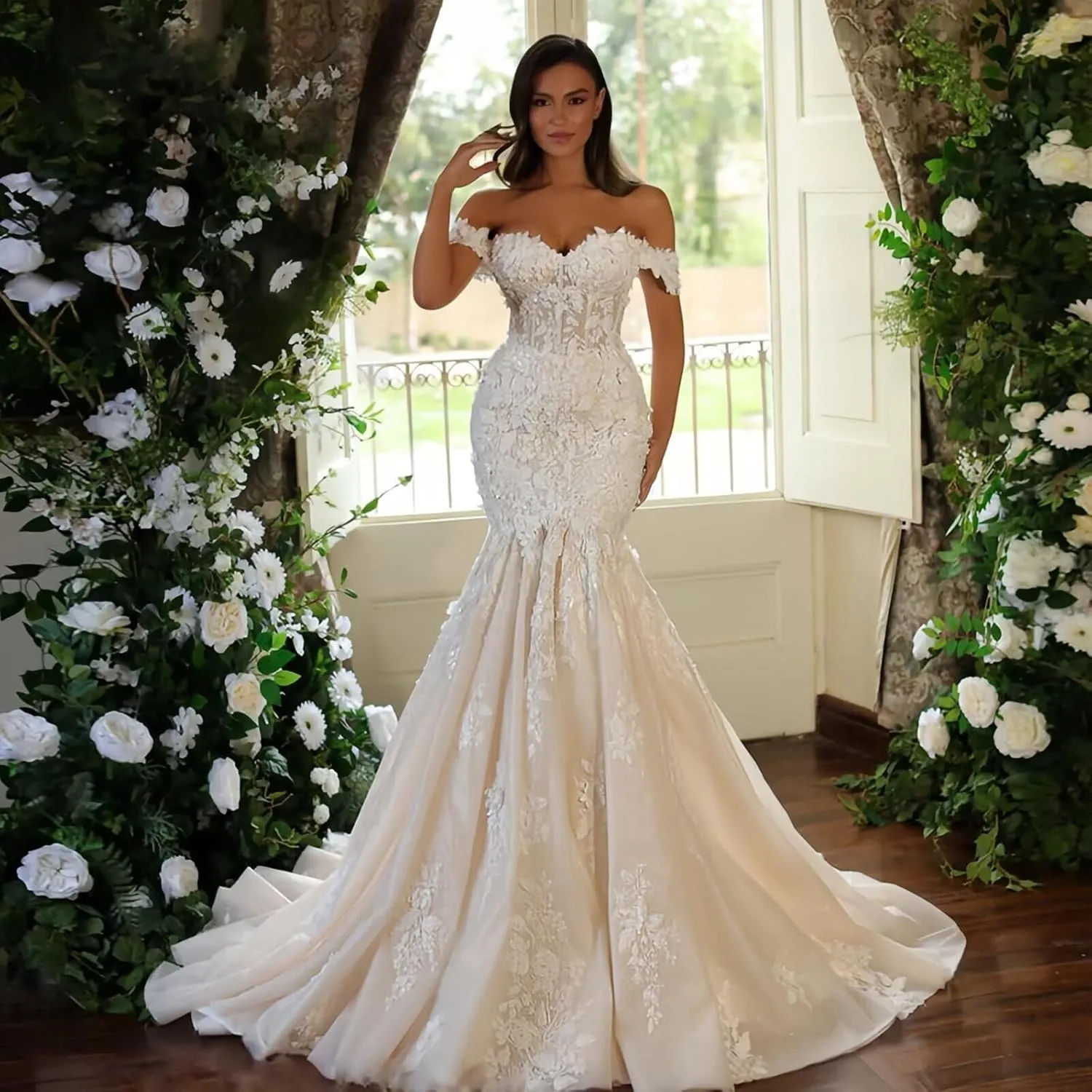 Lace Appliques Wedding Dress with Long Trian 2025 Off The Shoulder Tulle Bridal Gown