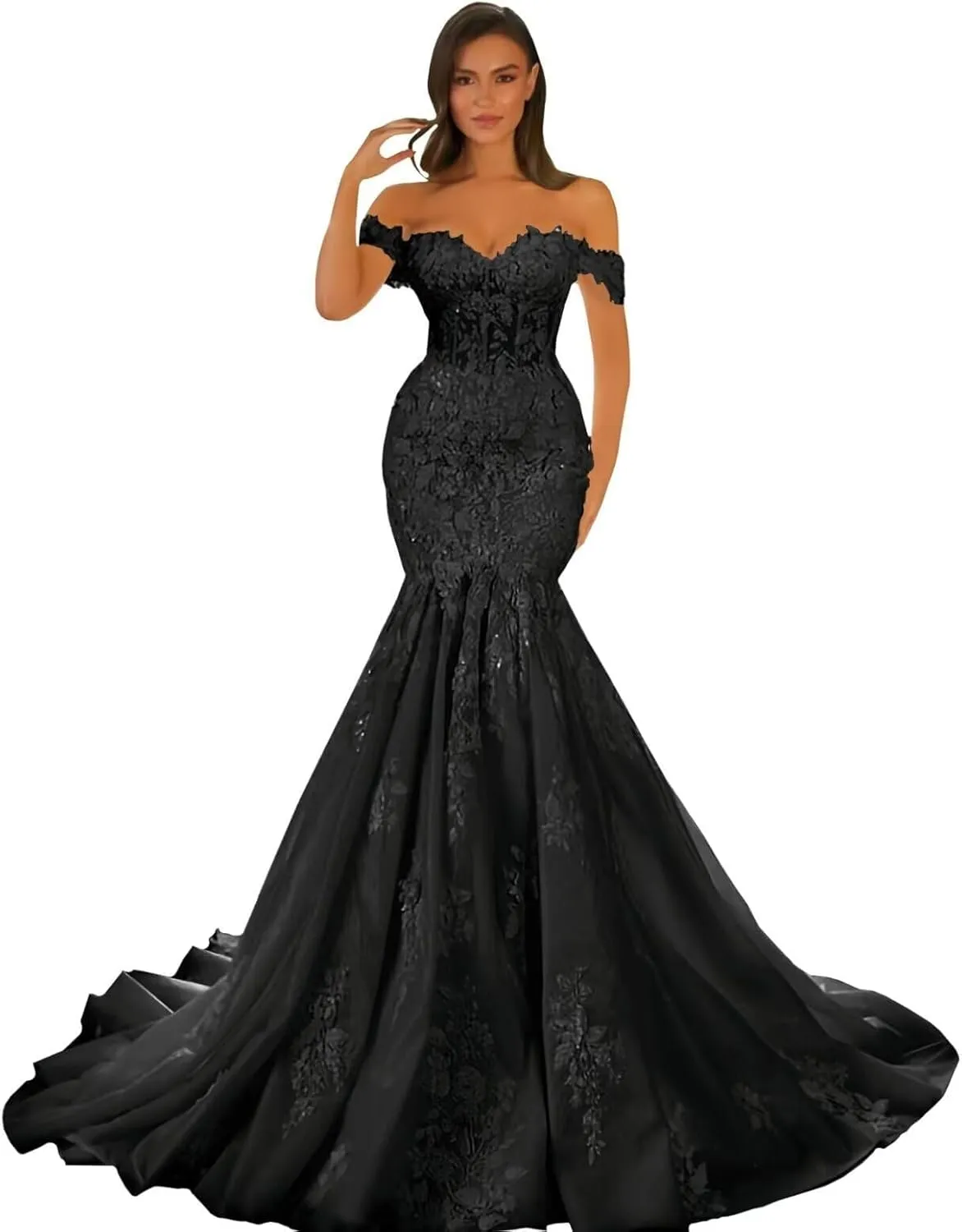 Lace Appliques Wedding Dress with Long Trian 2025 Off The Shoulder Tulle Bridal Gown