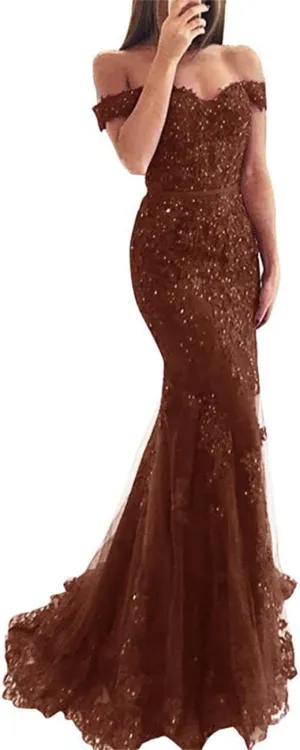Lace Beaded Tulle Long Evening Dress Off Shoulder Mermaid Formal Party Gown