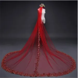Lace Floral Applique Gothic Cos Cathedral Tailing Wedding Veils for Bride 1 Tier Full Lace Edge with Comb Red
