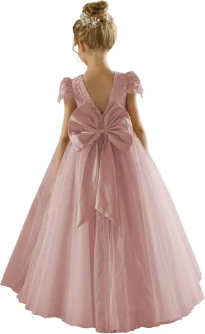 Lace Flower Girl Dresses Short Sleeve First Communion Dress Toddlers Pretty Tulle Pageant Wedding Party Gown