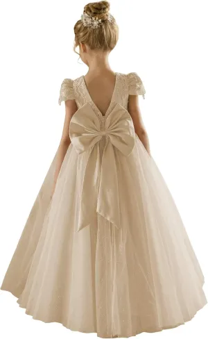 Lace Flower Girl Dresses Short Sleeve First Communion Dress Toddlers Pretty Tulle Pageant Wedding Party Gown