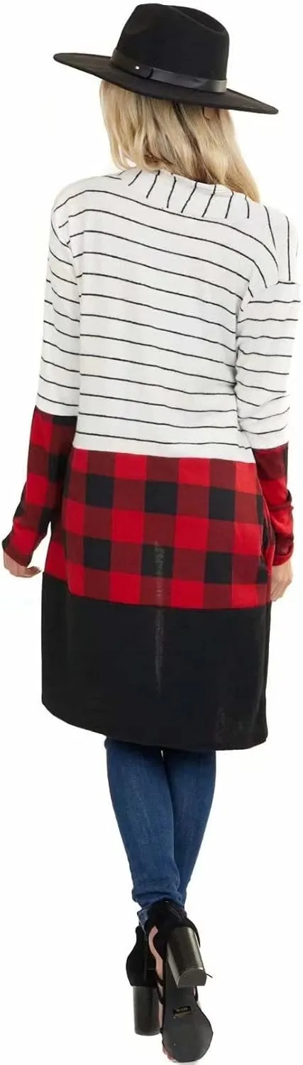 Lacozy Women's Open Front Long Cardigan Draped Snap Buffalo Plaid Shirt Kimono Cardigan Knit Sweater