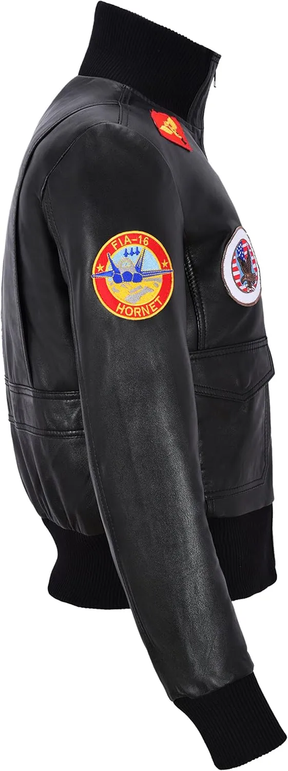 Ladies Aviator Leather Jacket Jet Fighter Bomber Navy Air Force Pilot Jacket Badges