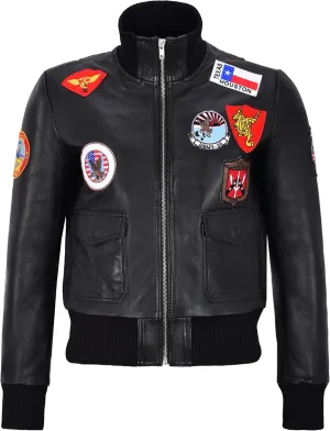 Ladies Aviator Leather Jacket Jet Fighter Bomber Navy Air Force Pilot Jacket Badges