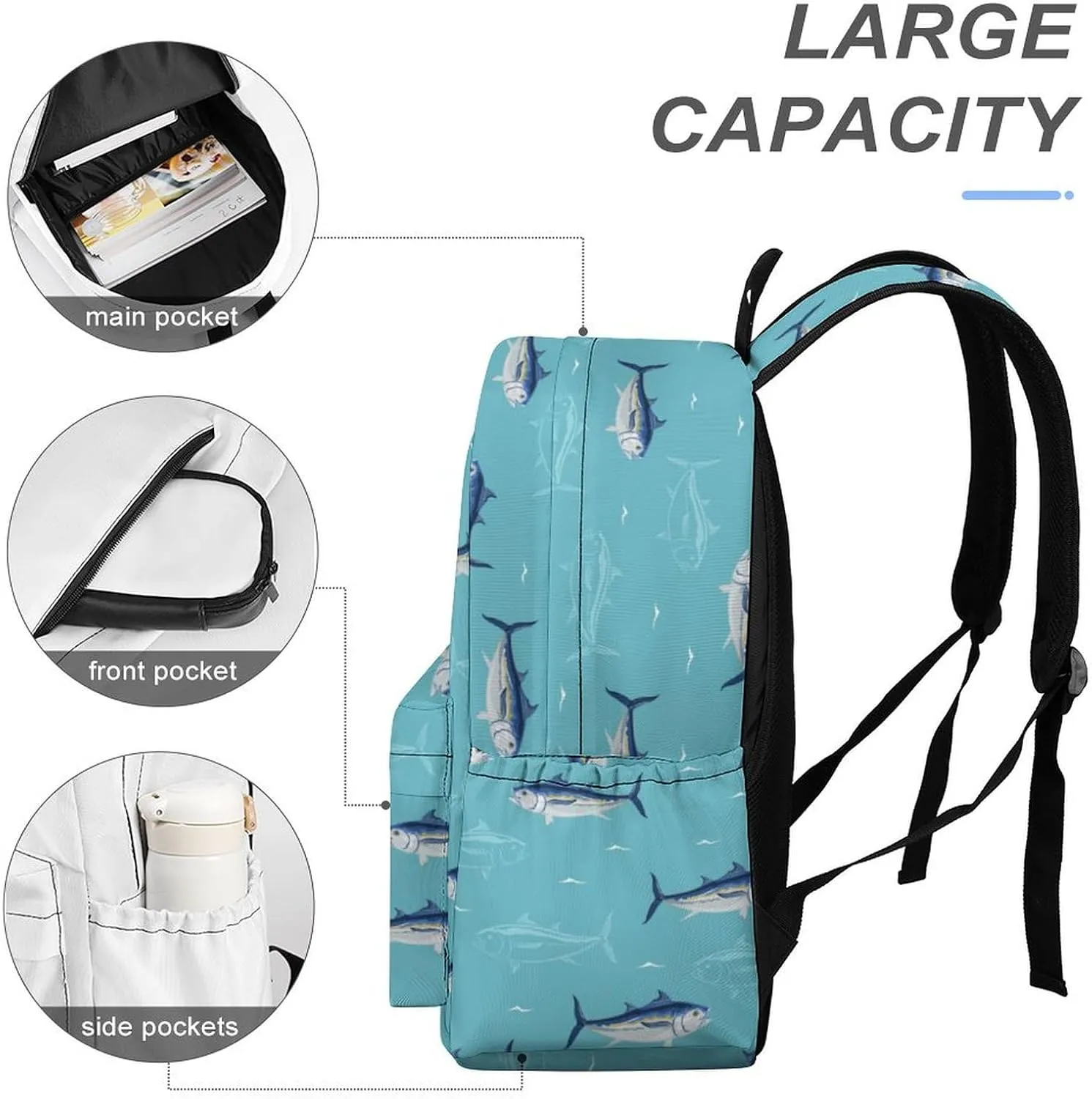 Laptop Backpack for Men Women Blue Sea Tuna Fish Travel Work Backpack with Compartment Large Capacity Cute Summer Daypack Business Work Bag