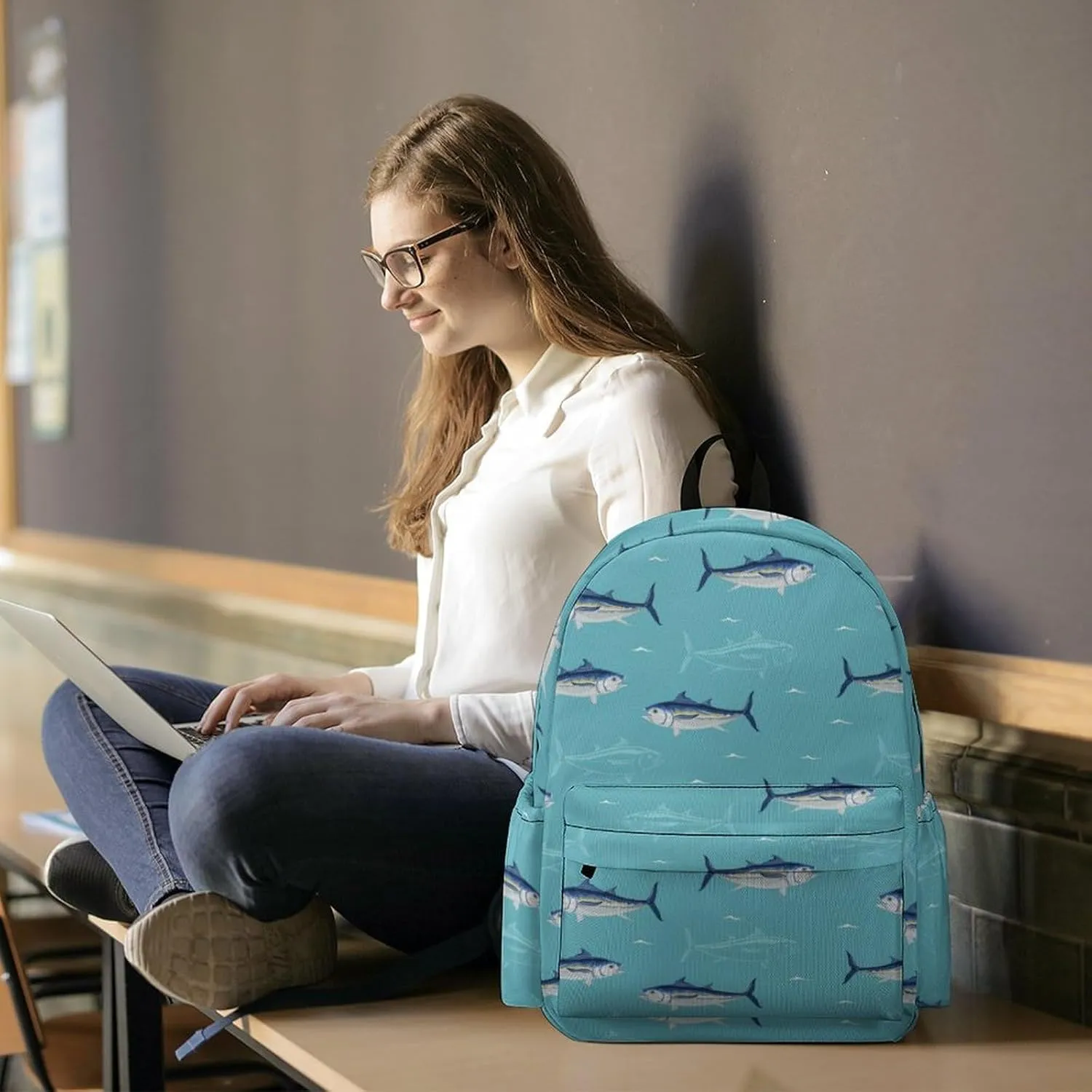 Laptop Backpack for Men Women Blue Sea Tuna Fish Travel Work Backpack with Compartment Large Capacity Cute Summer Daypack Business Work Bag
