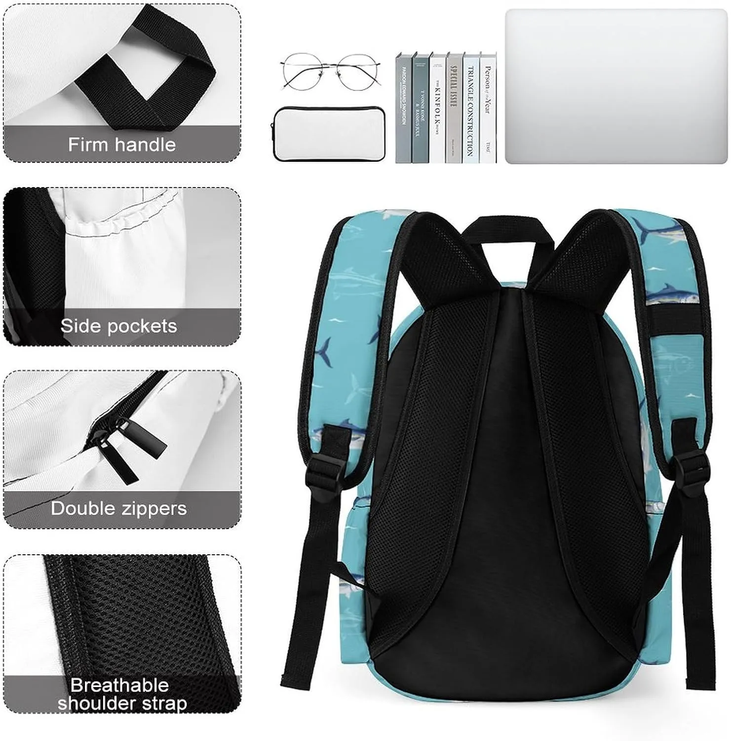 Laptop Backpack for Men Women Blue Sea Tuna Fish Travel Work Backpack with Compartment Large Capacity Cute Summer Daypack Business Work Bag