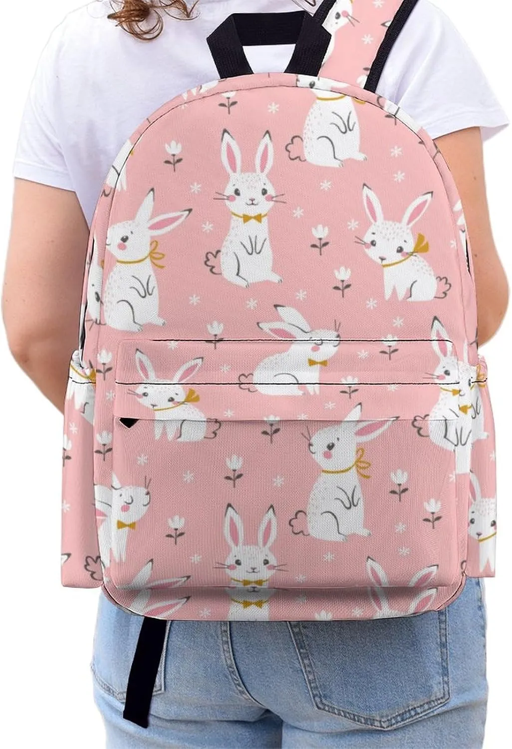 Laptop Backpack for Men Women Cute White Rabbit Pink Travel Work Backpack with Compartment Large Capacity Little Wild Flowers College Daypack Business Work Bag