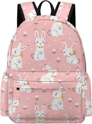 Laptop Backpack for Men Women Cute White Rabbit Pink Travel Work Backpack with Compartment Large Capacity Little Wild Flowers College Daypack Business Work Bag
