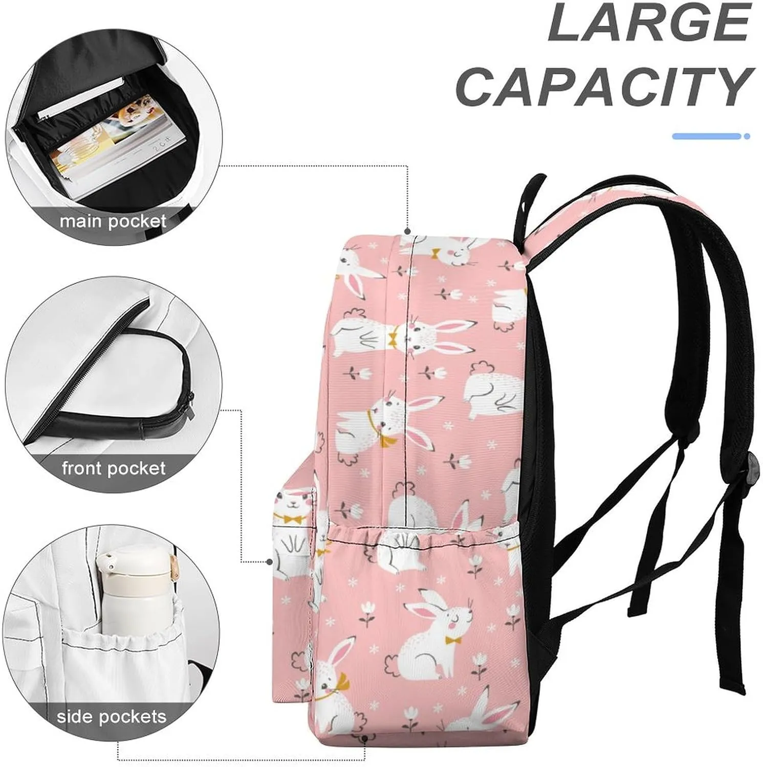 Laptop Backpack for Men Women Cute White Rabbit Pink Travel Work Backpack with Compartment Large Capacity Little Wild Flowers College Daypack Business Work Bag