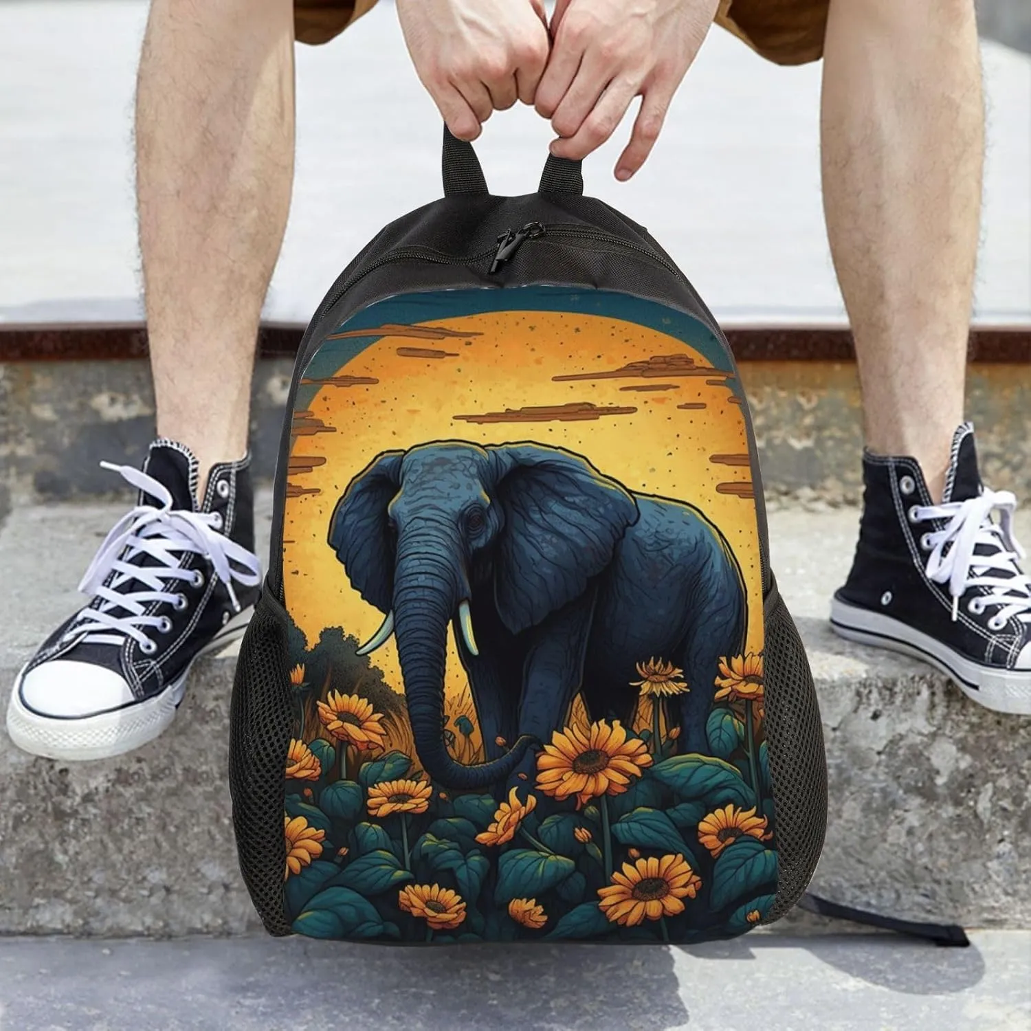Laptop Backpack for Women Men Carry-on Backpack Elephant in Sunflower Field Daypack Lightweight Travel Shoulder Bags