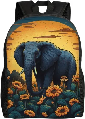 Laptop Backpack for Women Men Carry-on Backpack Elephant in Sunflower Field Daypack Lightweight Travel Shoulder Bags