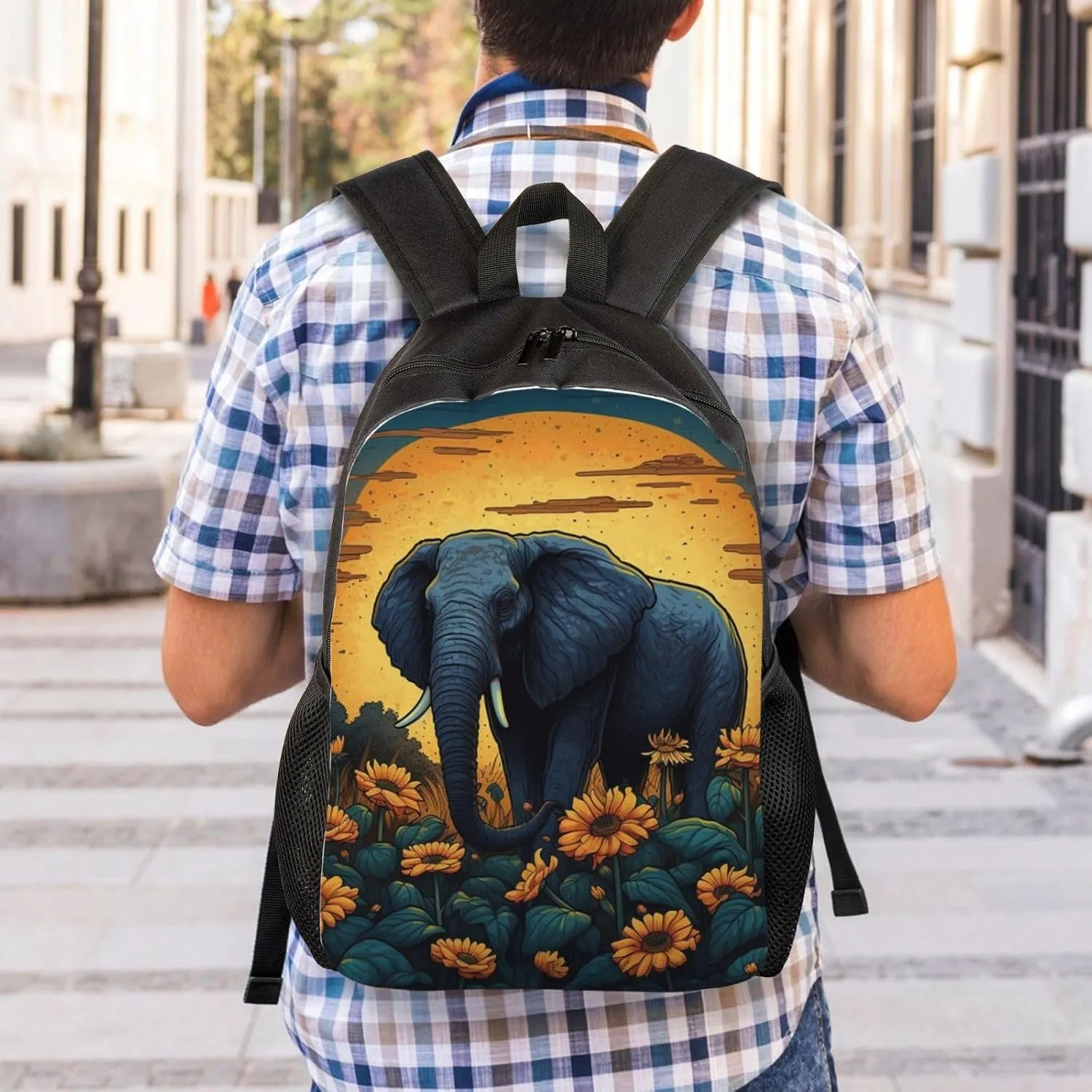 Laptop Backpack for Women Men Carry-on Backpack Elephant in Sunflower Field Daypack Lightweight Travel Shoulder Bags