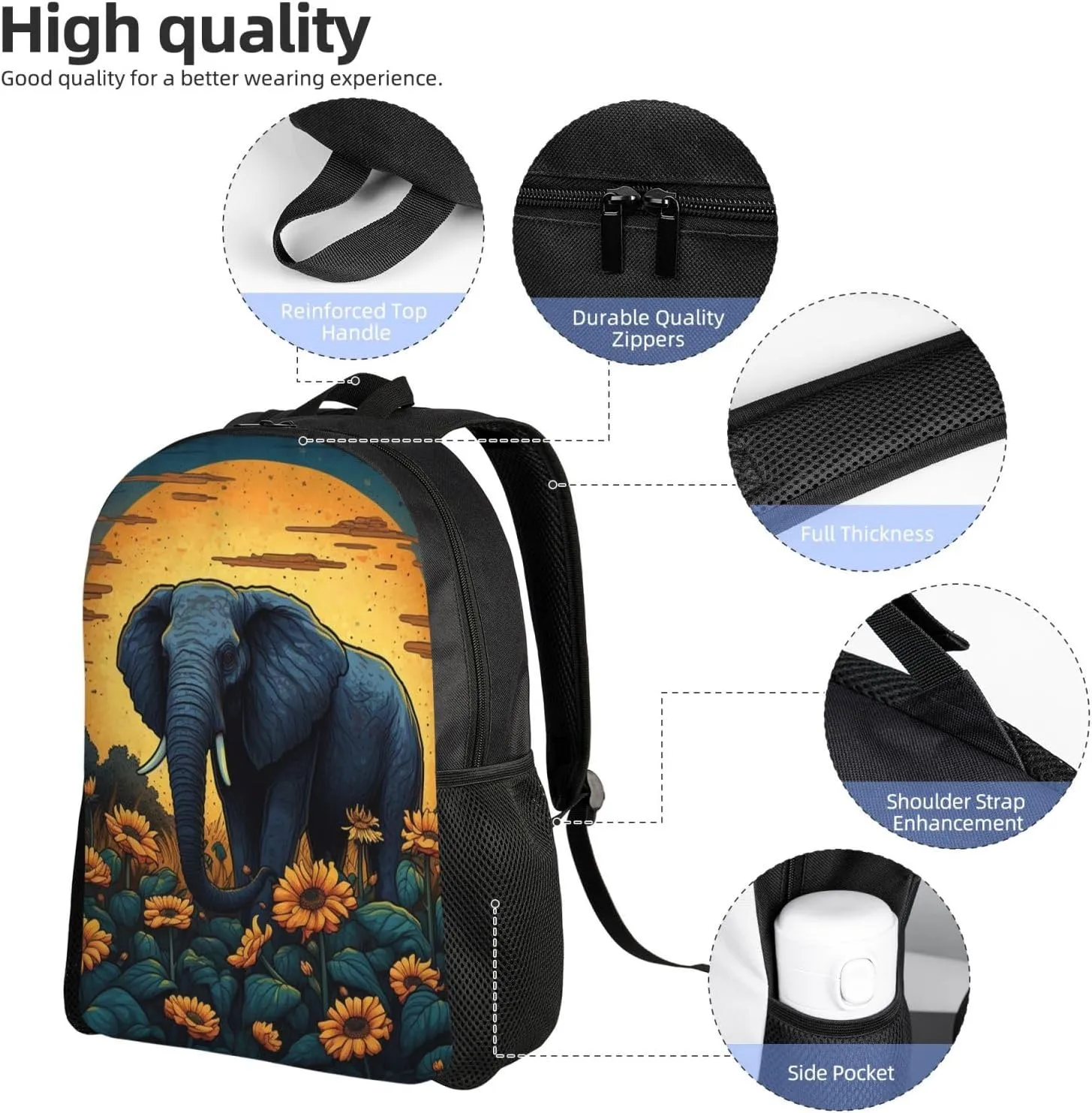 Laptop Backpack for Women Men Carry-on Backpack Elephant in Sunflower Field Daypack Lightweight Travel Shoulder Bags