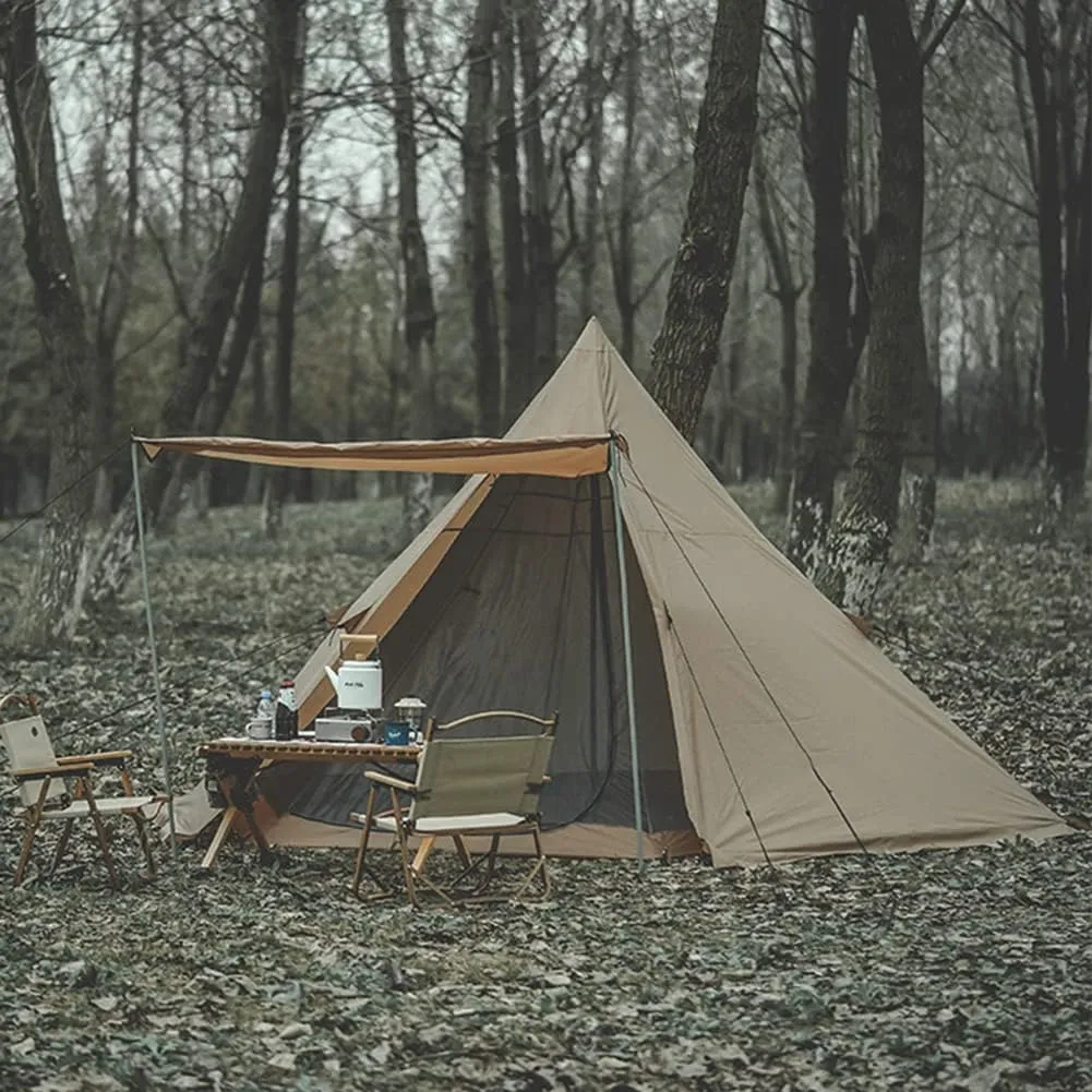 Large Adult Indian Teepee Tent Camping Pyramid Tent with Double Mesh Door Free-Standing Waterproof Tent for Camping Hiking, 370X325X200CM, Beige