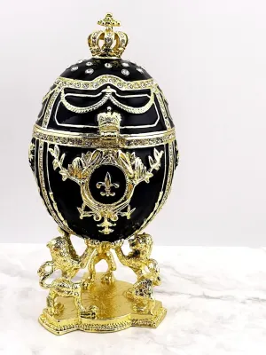 Large Black Lion Faberge Egg Jewelry Box Faberge style Pure Gold decor Handmade Royal Coronation Egg 4ct Russian Easter Eggs Fabergé Trinket box Austrian Crystal Anniversary Birthday gift