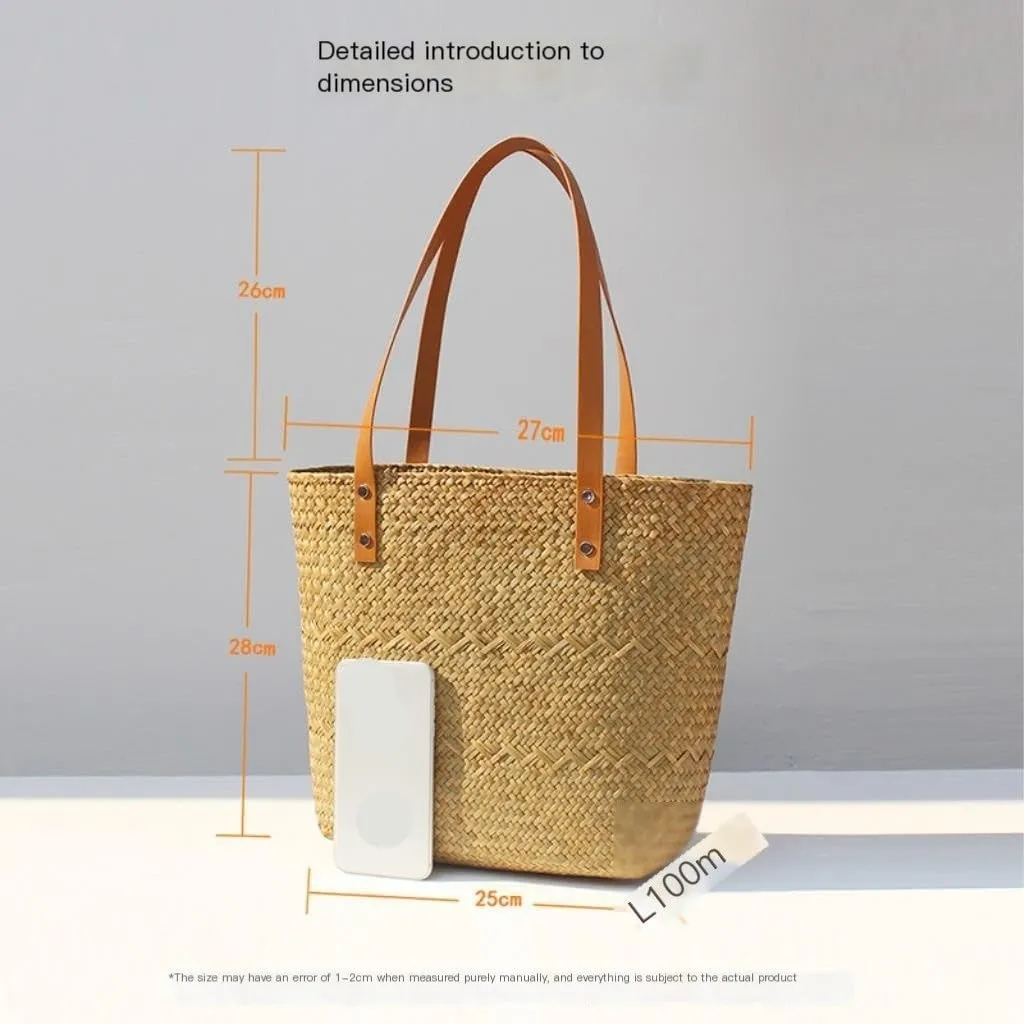 Large capacity Bag Casual Vacation - style Straw Handbag with Leather Details: Enjoy Beach Time Ladies shoulder Bag