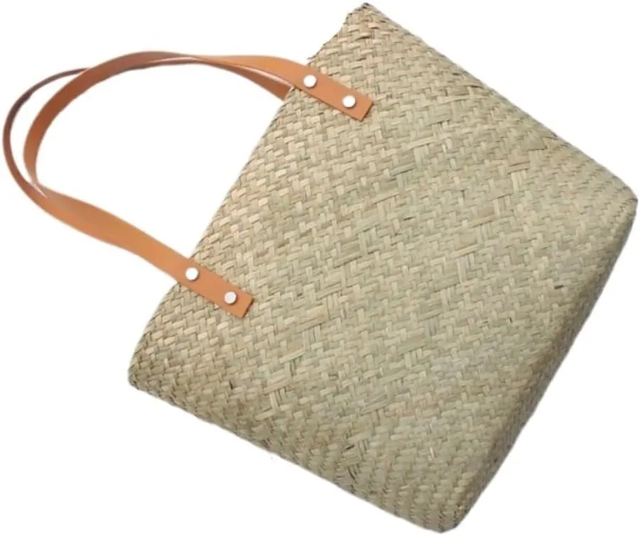Large capacity Bag Casual Vacation - style Straw Handbag with Leather Details: Enjoy Beach Time Ladies shoulder Bag
