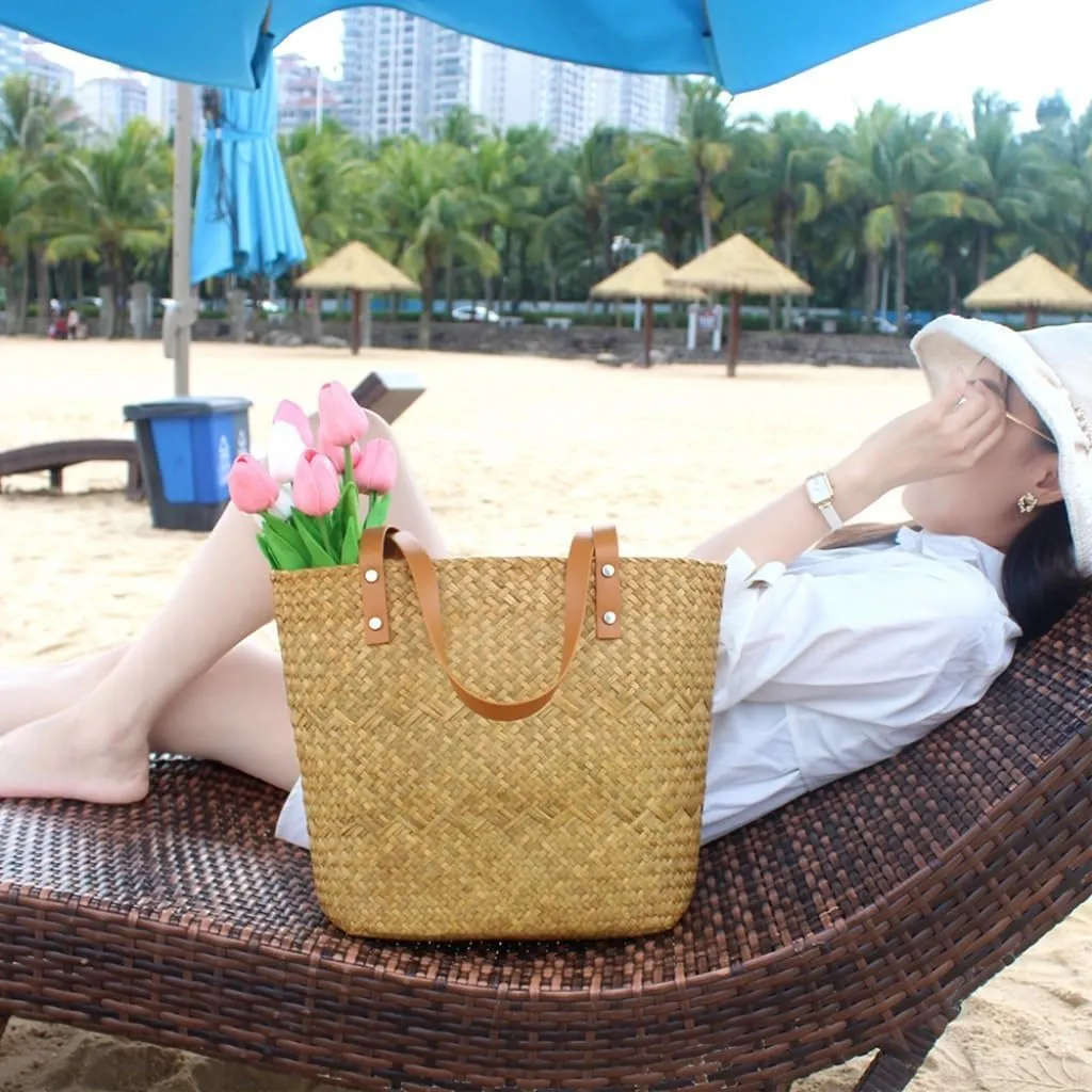 Large capacity Bag Casual Vacation - style Straw Handbag with Leather Details: Enjoy Beach Time Ladies shoulder Bag