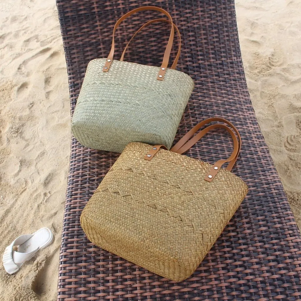 Large capacity Bag Casual Vacation - style Straw Handbag with Leather Details: Enjoy Beach Time Ladies shoulder Bag